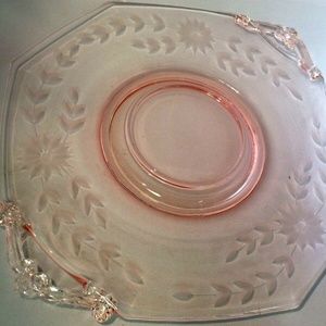 Vtg Pink Depression Glass Etched Floral Pattern Serving Plate Dish W Handles